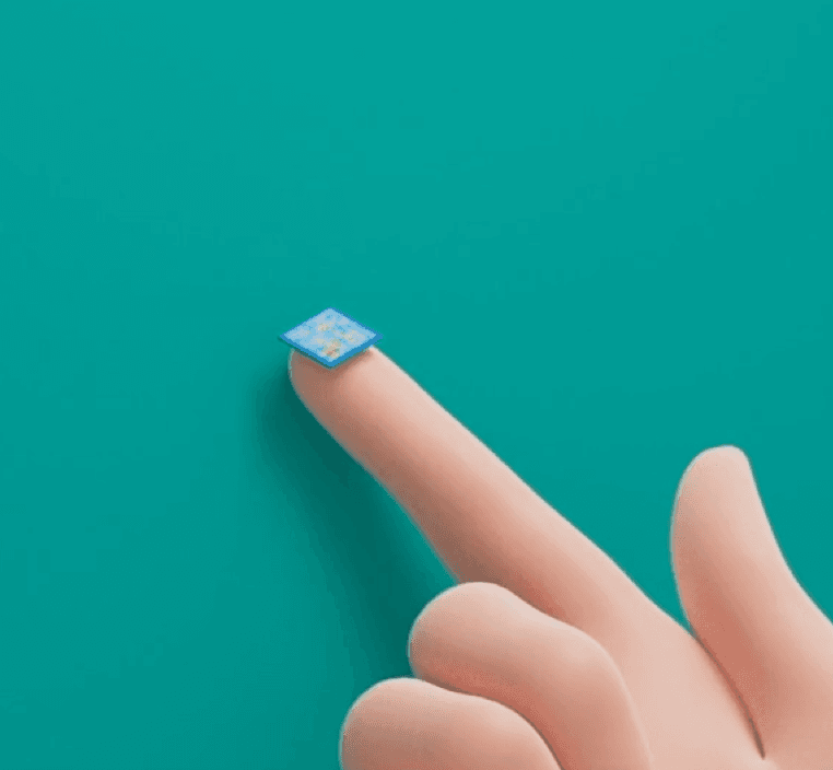 nanochip resting on a fingertip